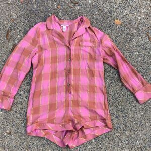 Victoria Secret Flannel One Piece Romper Pink Buffalo Plaid Pajamas